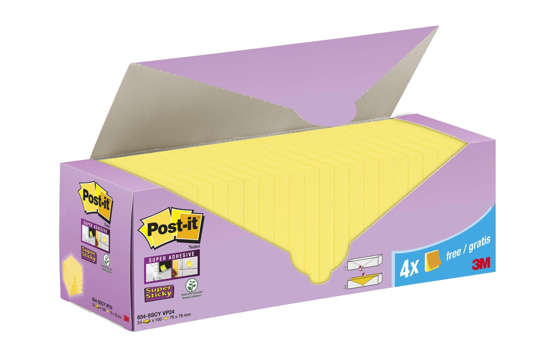 3M Post-it Super Sticky Z-Notes Haftnotizen – 76 × 76 mm – gelb, Z-Faltung, 90 Blatt/Block, 24er-Pack