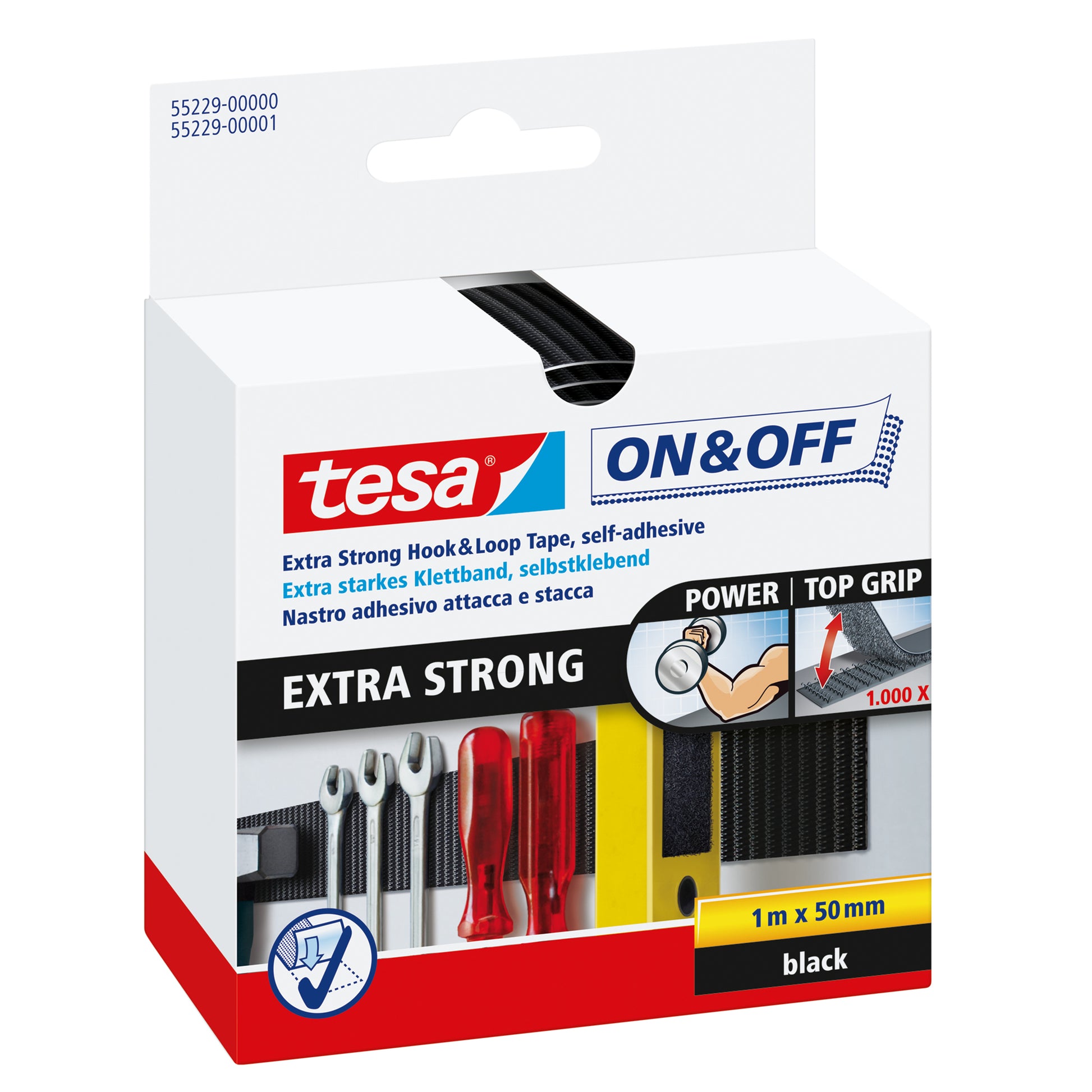 tesa Klettband On Off extra stark – selbstklebend, Kunststoff, 50 mm × 1 m, schwarz