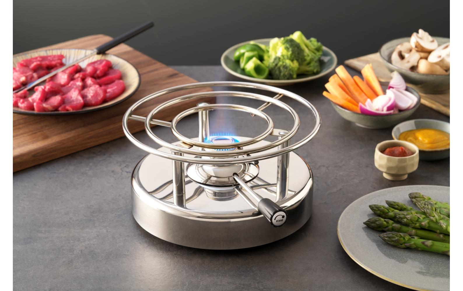 Kisag Rechaud Longfire – Edelstahl, Ø 20 cm, Gasbrenner – Silber
