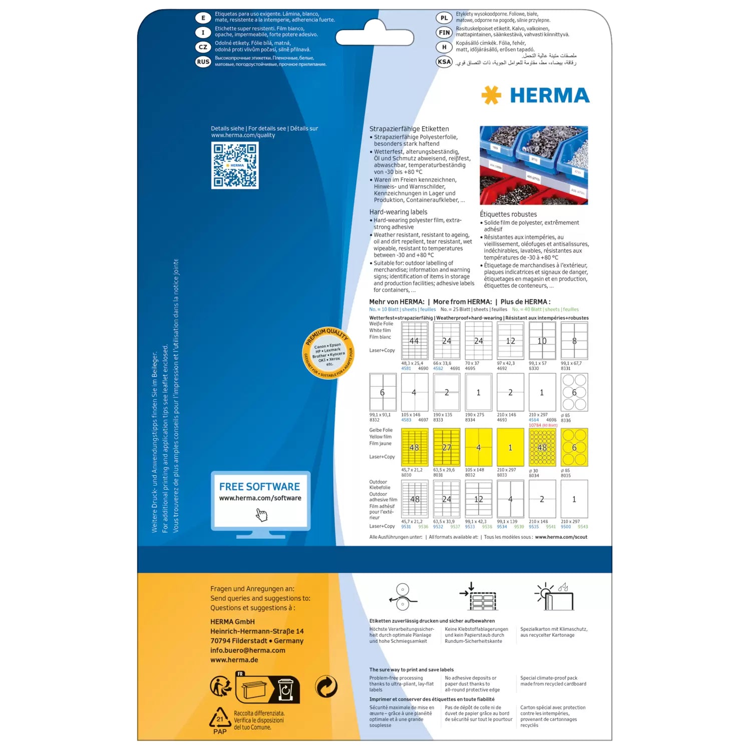HERMA Druckeretiketten, 105 mm × 148 mm, gelb, Folie, extra stark haftend, Packung à 25 Blatt