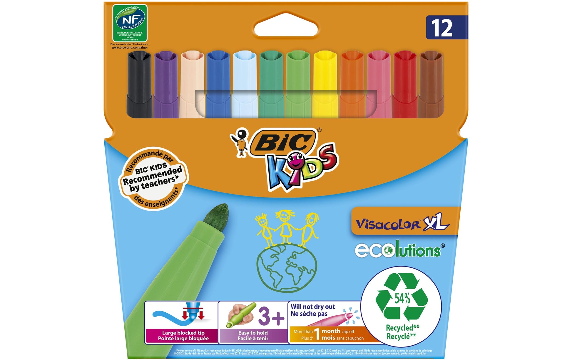 BIC KIDS Visacolor XL ecolutions Filzstift – Rundspitze, 1,3 mm, wasserbasiert, auswaschbar, 12 Farben