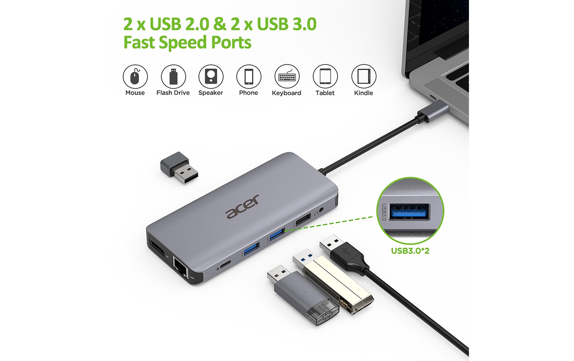 Acer Dockingstation – USB-C, 1× DP, 2× HDMI, 2× USB-A, 100 W PD, GbE, SD/microSD, 3,5 mm Audio