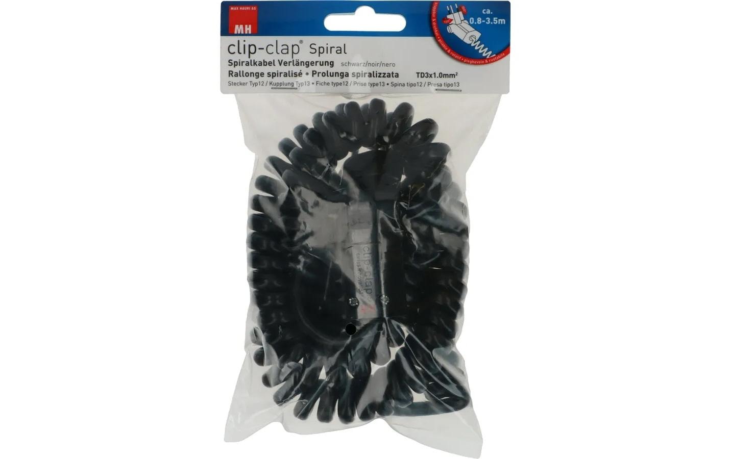 Max Hauri AG Max Hauri Verlängerungskabel T12–T13, 3,5 m, 1 mm², spiralförmig, Drehwinkelstecker – schwarz