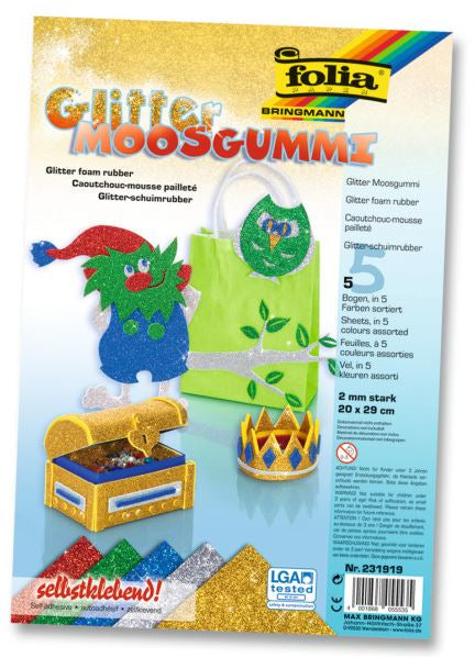 Folia Glitzer-Moosgummi, einseitig selbstklebend, mehrfarbig, 20 × 29 cm, 2,0 mm, 5 Bögen, 231919