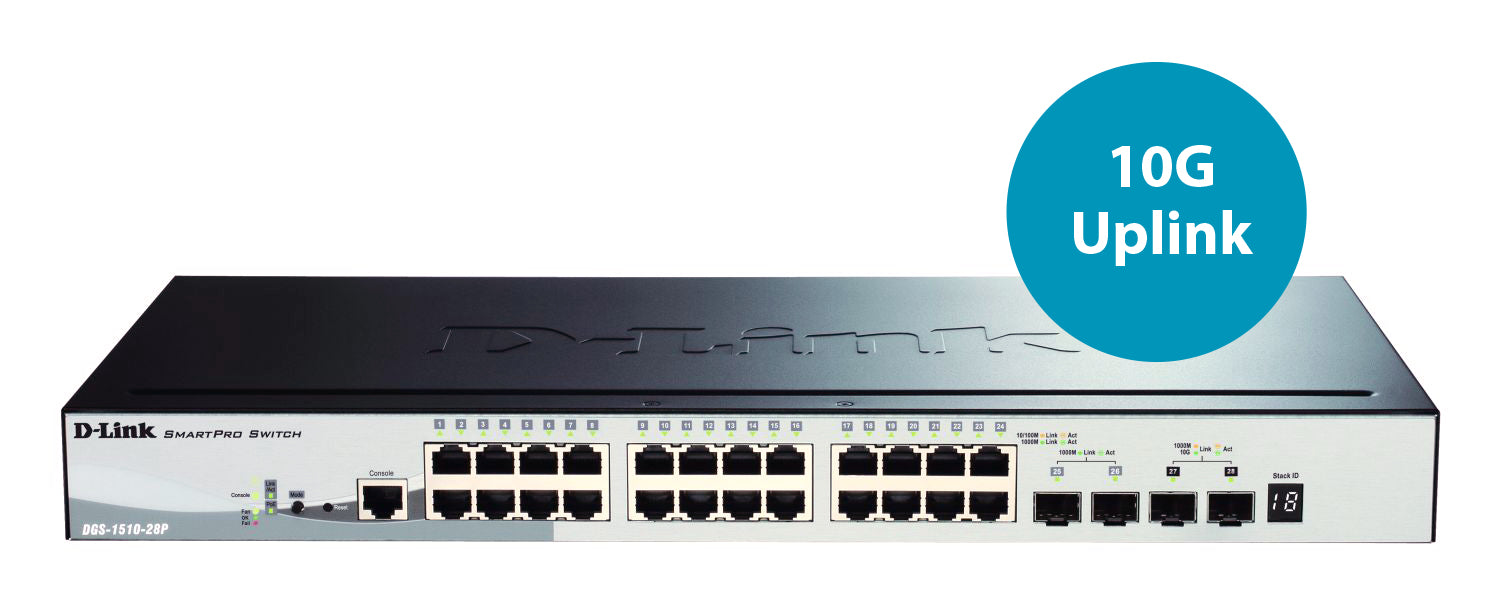 D-Link DGS-1510-28P/E – Managed Switch – 24×GbE, 2×SFP, 2×SFP+, L3, PoE 193 W, 19" Rack