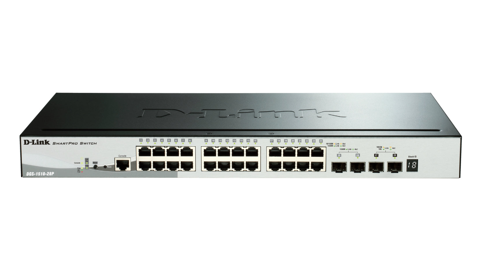 D-Link DGS-1510-28P/E – Managed Switch – 24×GbE, 2×SFP, 2×SFP+, L3, PoE 193 W, 19" Rack