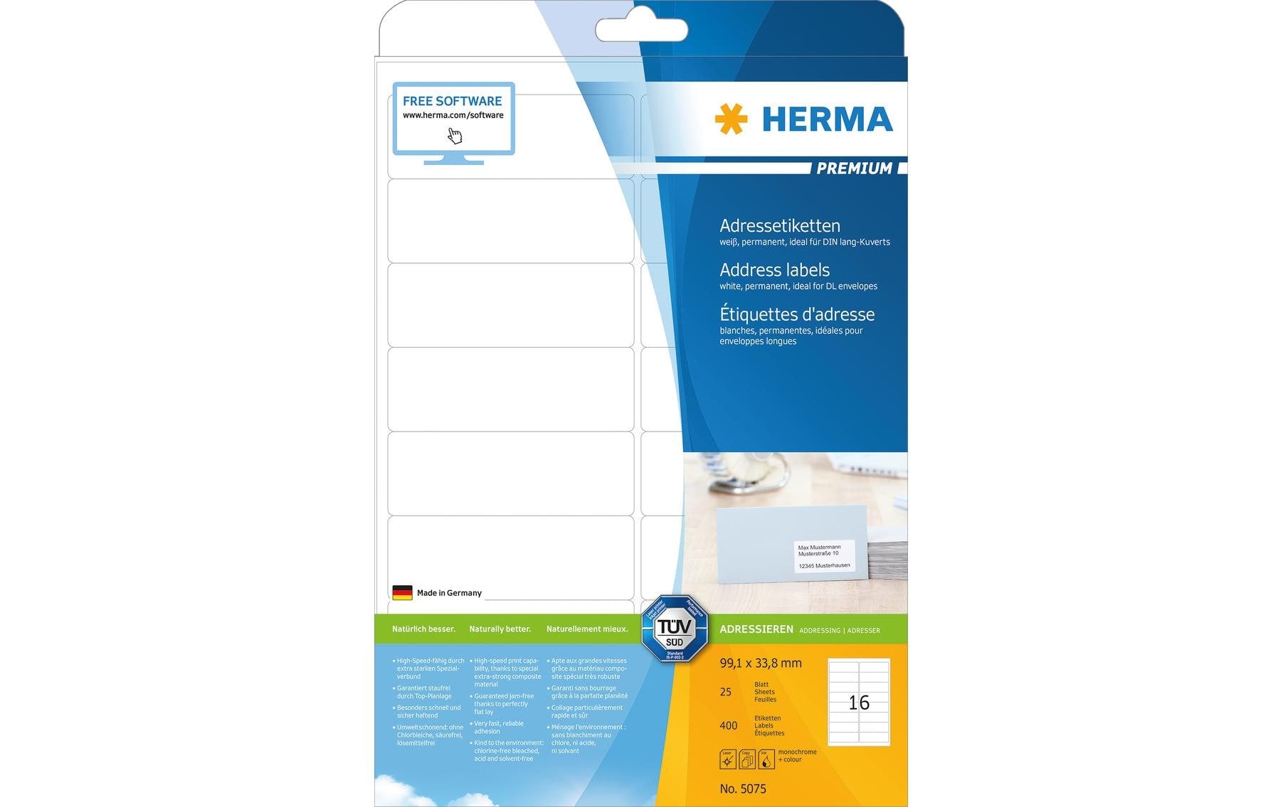 HERMA Adressetiketten, 99 mm × 34 mm, weiss, Papier, permanent, 25 Blätter (400 Etiketten)