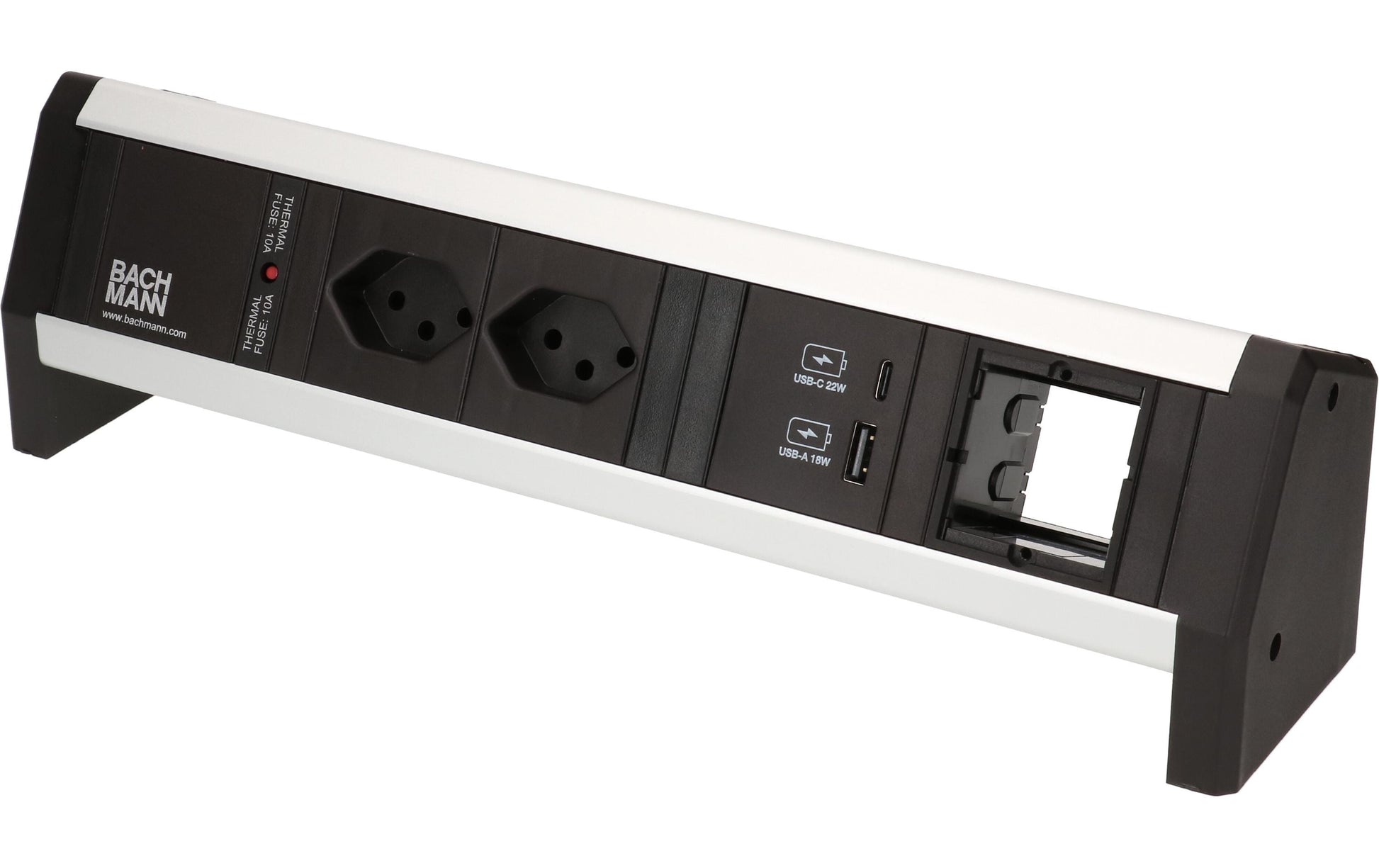 Bachmann DESK 1 Tischsteckdosenleiste, 2×T13, 1×USB-A + 1×USB-C, ohne Schalter, Eingang GST18I3 – silber