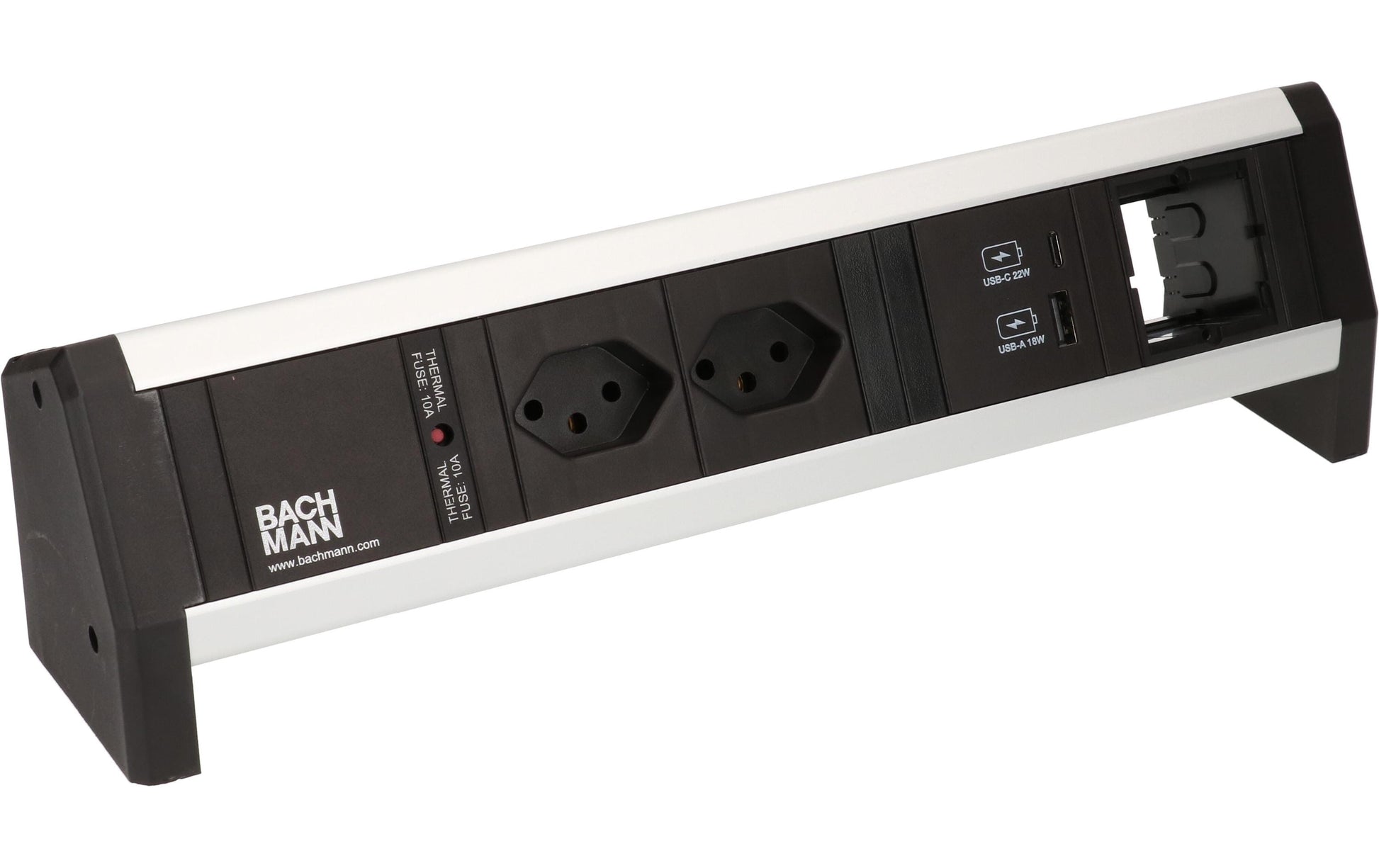 Bachmann DESK 1 Tischsteckdosenleiste, 2×T13, 1×USB-A + 1×USB-C, ohne Schalter, Eingang GST18I3 – silber