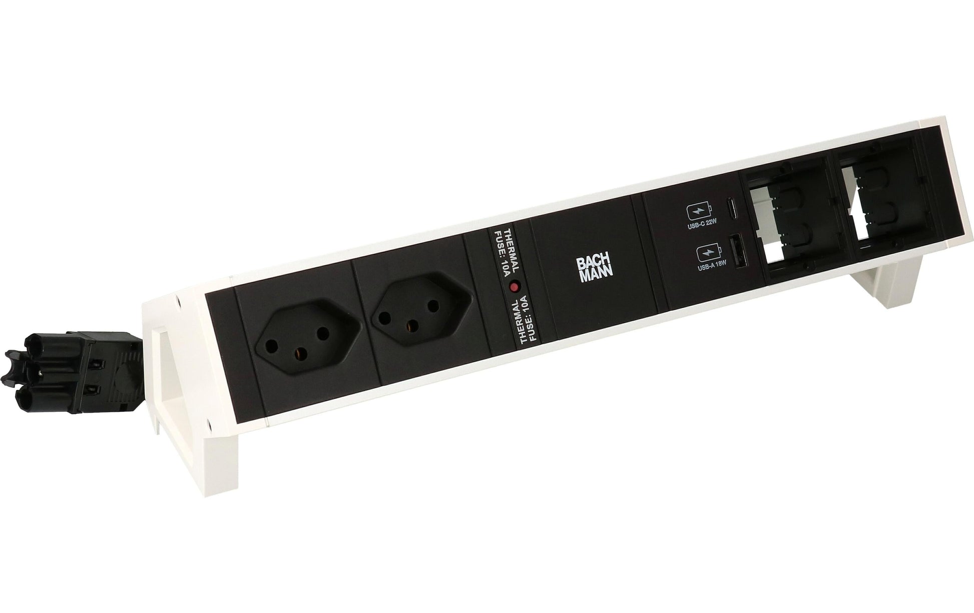 Bachmann DESK 2 Tischsteckdosenleiste, 2×T13, 0,2 m, 2×Leerplätze für Custom-Modul, ohne Schalter – weiss