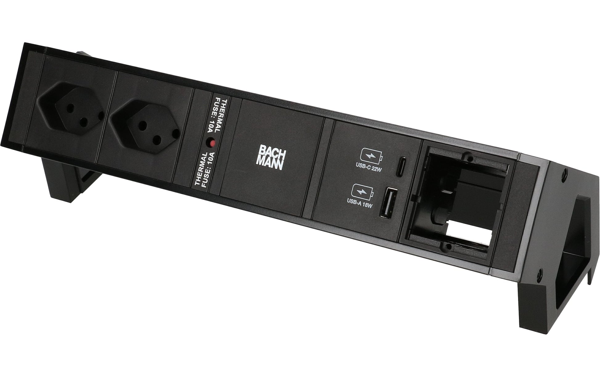 Bachmann DESK 2 Tischsteckdosenleiste – 2×T13, 2×USB, 0,2 m, Montagewinkel, ohne Schalter – Schwarz