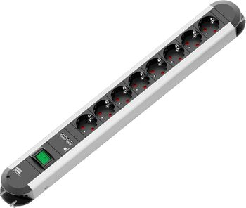 Bachmann PRIMO Steckdosenleiste – 8× Schuko (Typ E/F), 2× USB, 1,75 m, mit Schalter, Schwarz/Silber