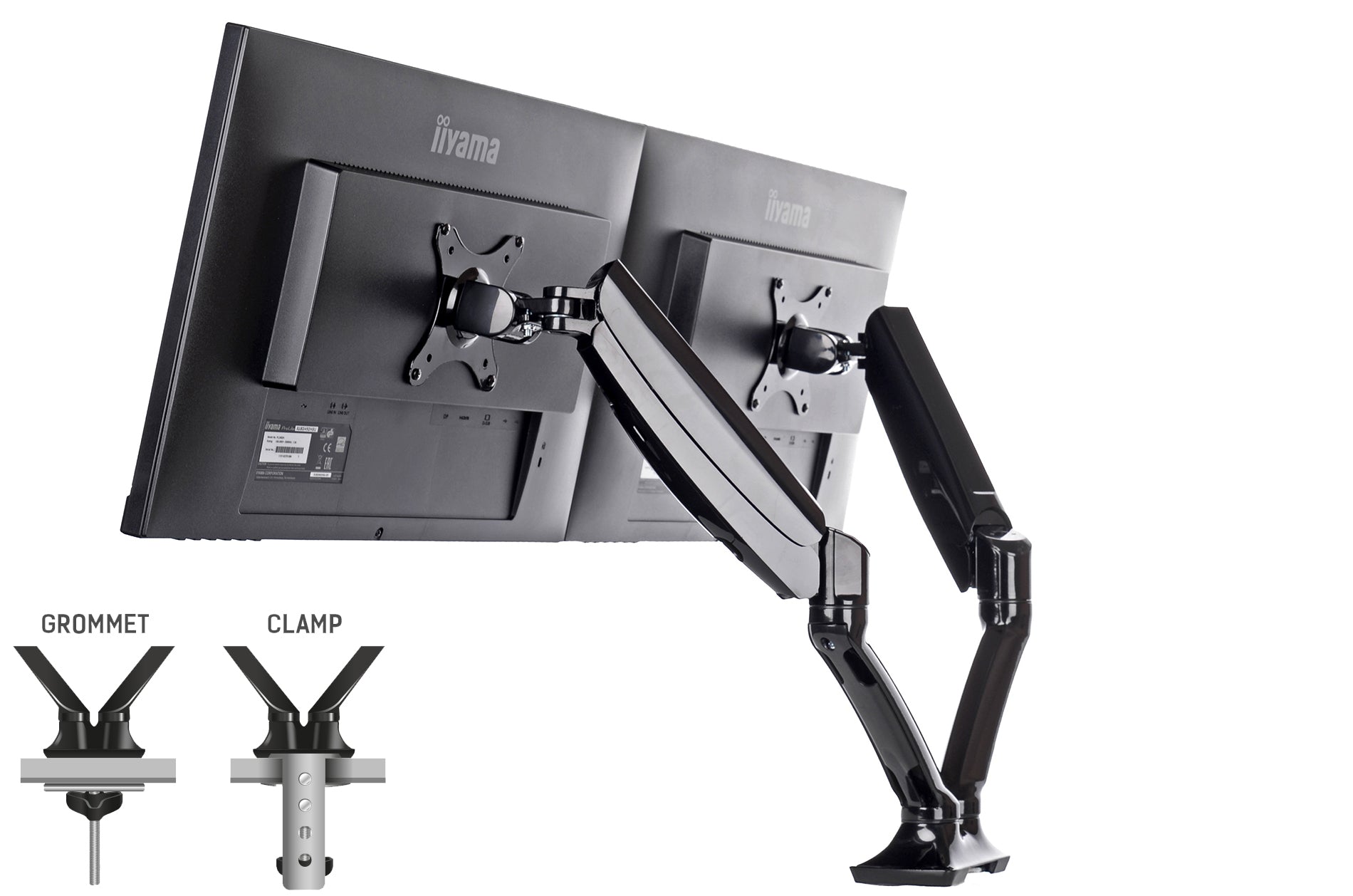 iiyama Monitorarm, Dual, Tischklemme, bis 27", VESA 100 × 100 mm, 5 kg, Gasfeder