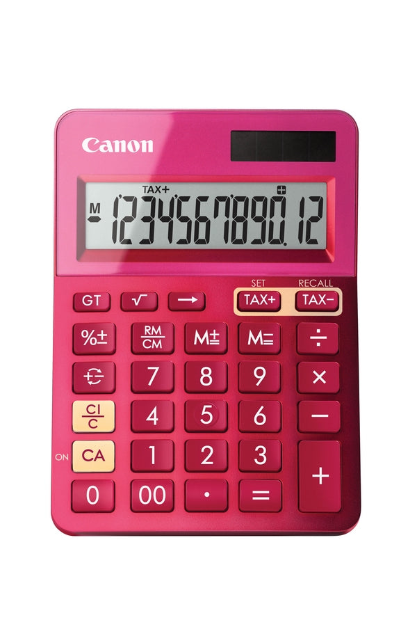Canon Tischrechner LS-123K – 12-stellig, angewinkeltes LCD, Prozent/Korrektur, Solar + Batterie, pink