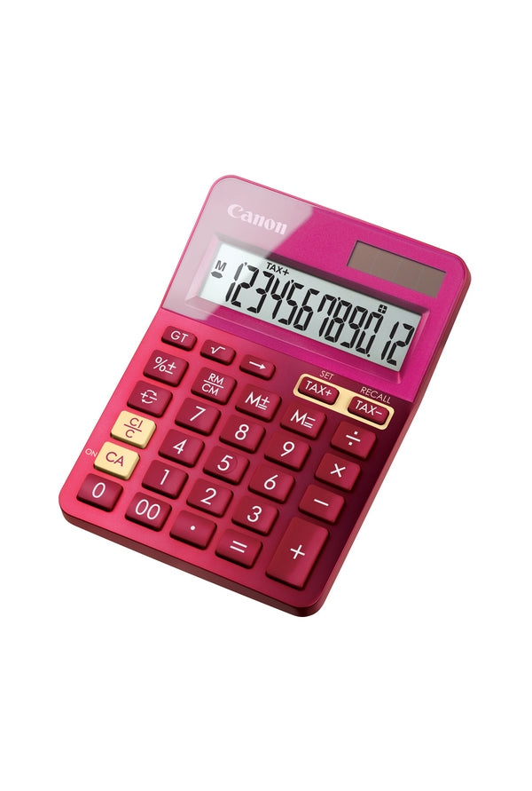 Canon Tischrechner LS-123K – 12-stellig, angewinkeltes LCD, Prozent/Korrektur, Solar + Batterie, pink