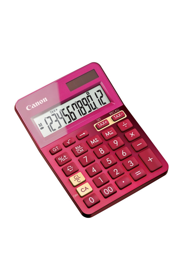 Canon Tischrechner LS-123K – 12-stellig, angewinkeltes LCD, Prozent/Korrektur, Solar + Batterie, pink