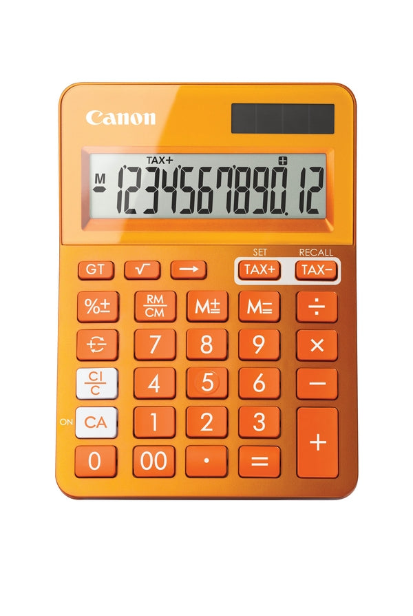 Canon Tischrechner LS-123K – 12-stellig, LCD, Prozent/Korrektur, Solar + Batterie, Orange, 104×145×25 mm