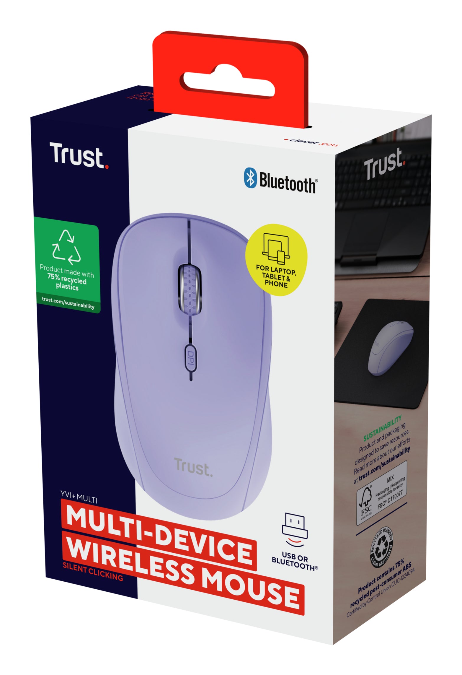 Trust YVI+ Multi-Device-Maus – kabellos, 2,4 GHz (USB-A), umschaltbare DPI, beidhändig, violett