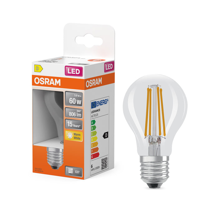 Osram LED-Leuchtmittel E27 A60 – Warmweiss 2700 K, 806 lm, 5,9 W, 300°, dimmbar – 1 Stk., Transparent, Glas