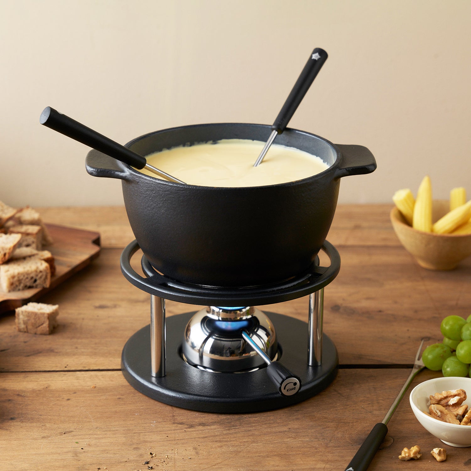 Kisag Caquelon Allround – Ø 18 cm, Gusseisen, Emaille, für Fondue Bourguignonne, Gas, Schwarz
