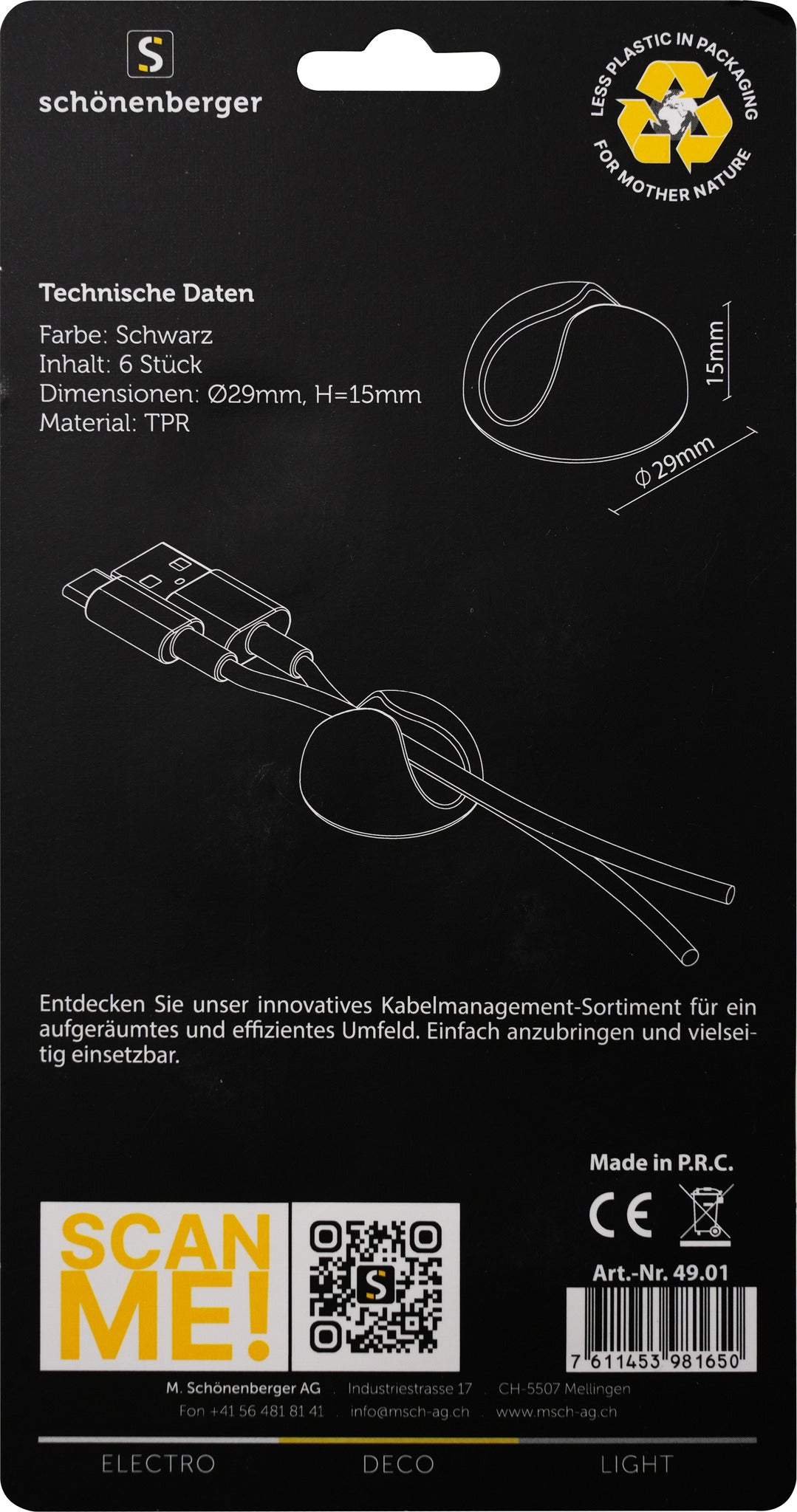 M. Schönenberger Kabelhalter, Befestigungssockel, TPR, 6er-Pack – Schwarz