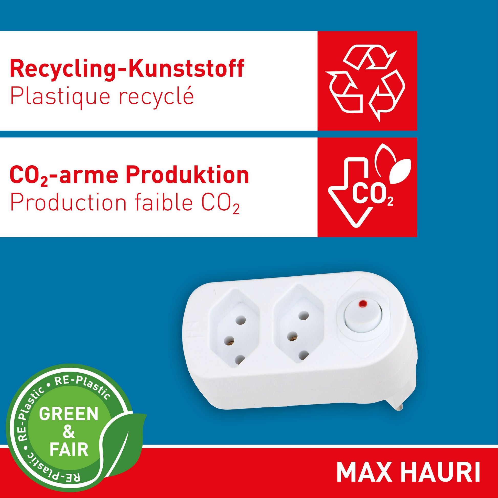 Max Hauri AG Max Hauri ADAPT Abzweigstecker T12 zu 2× T13 – 230 V, 10 A, 2 Ausgänge, 10 cm, Weiss