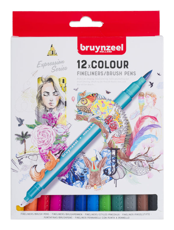 Bruynzeel Brush Pen – Doppelspitze, Pinsel + 0,4 mm, wasserbasiert, 12 Farben