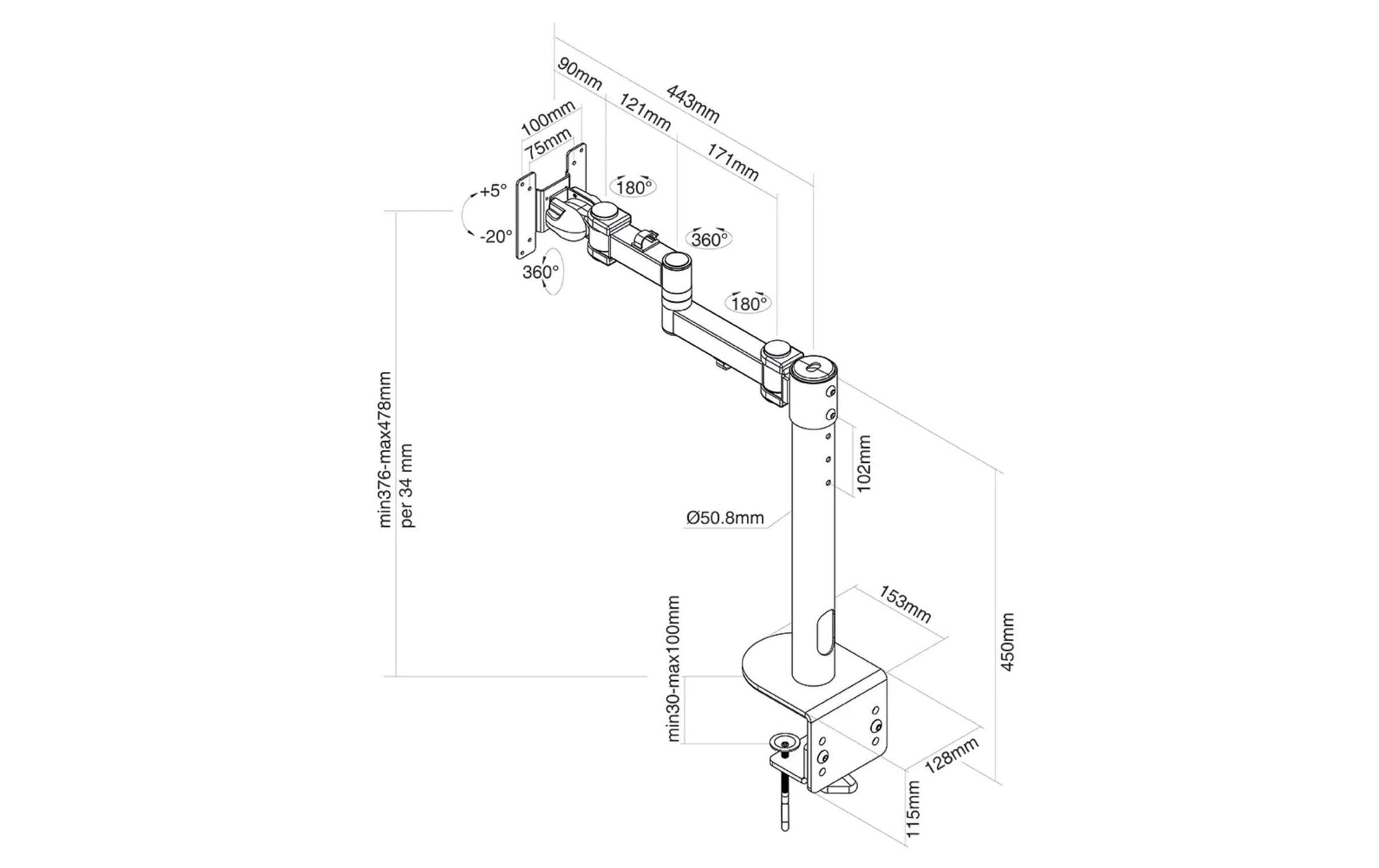 Neomounts Monitorarm, Tischklemme, bis 49", 20 kg, höhenverstellbar, schwarz
