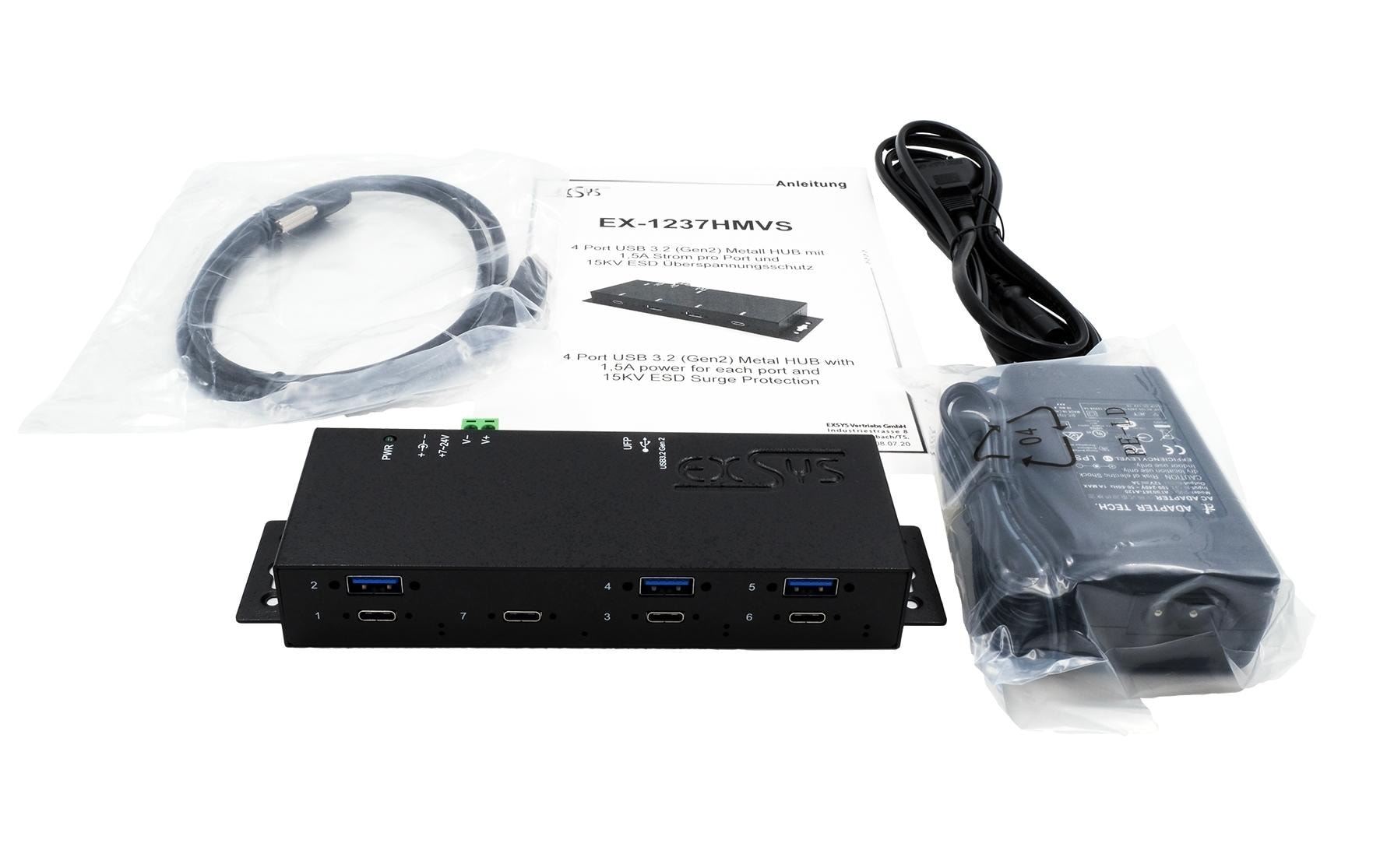 EXSYS EX-1237HMVS USB-Hub – 4× USB-C (10 Gbit/s), 3× USB-A