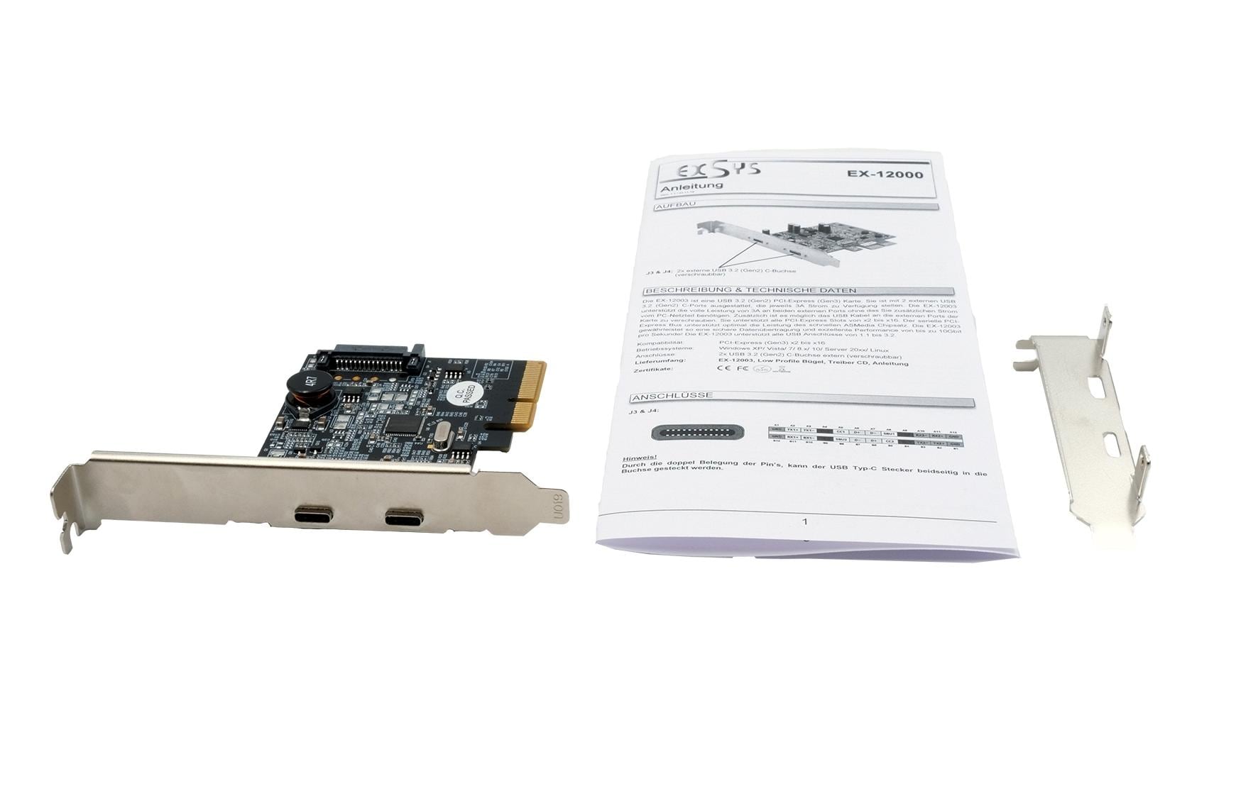 EXSYS EX-12000 PCIe USB-C Karte – 2× USB 3.2 Gen 2 (10 Gbit/s), PCIe Gen3x4, ASMedia ASM3142 – Low Profile