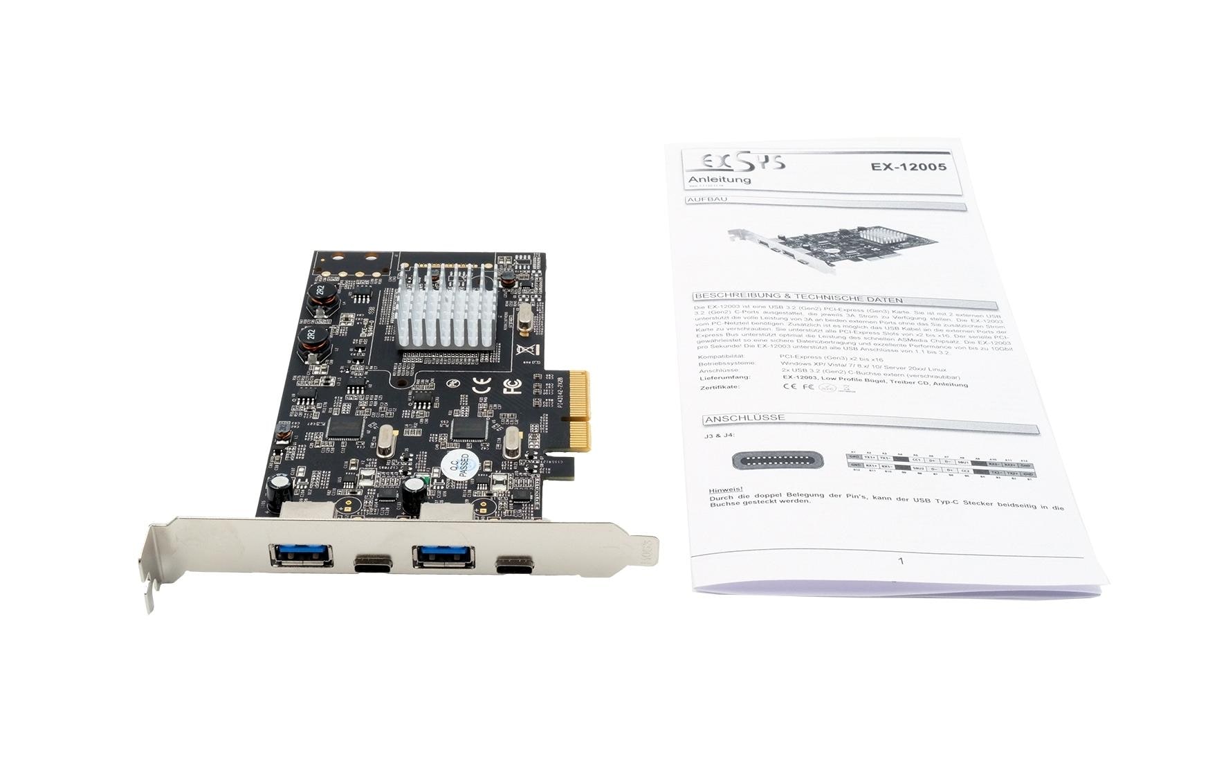 EXSYS EX-12005 PCIe USB 3.2 Gen2 Karte – 2× USB‑A, 2× USB‑C (10 Gbit/s), PCIe Gen3 x4, ASM3142