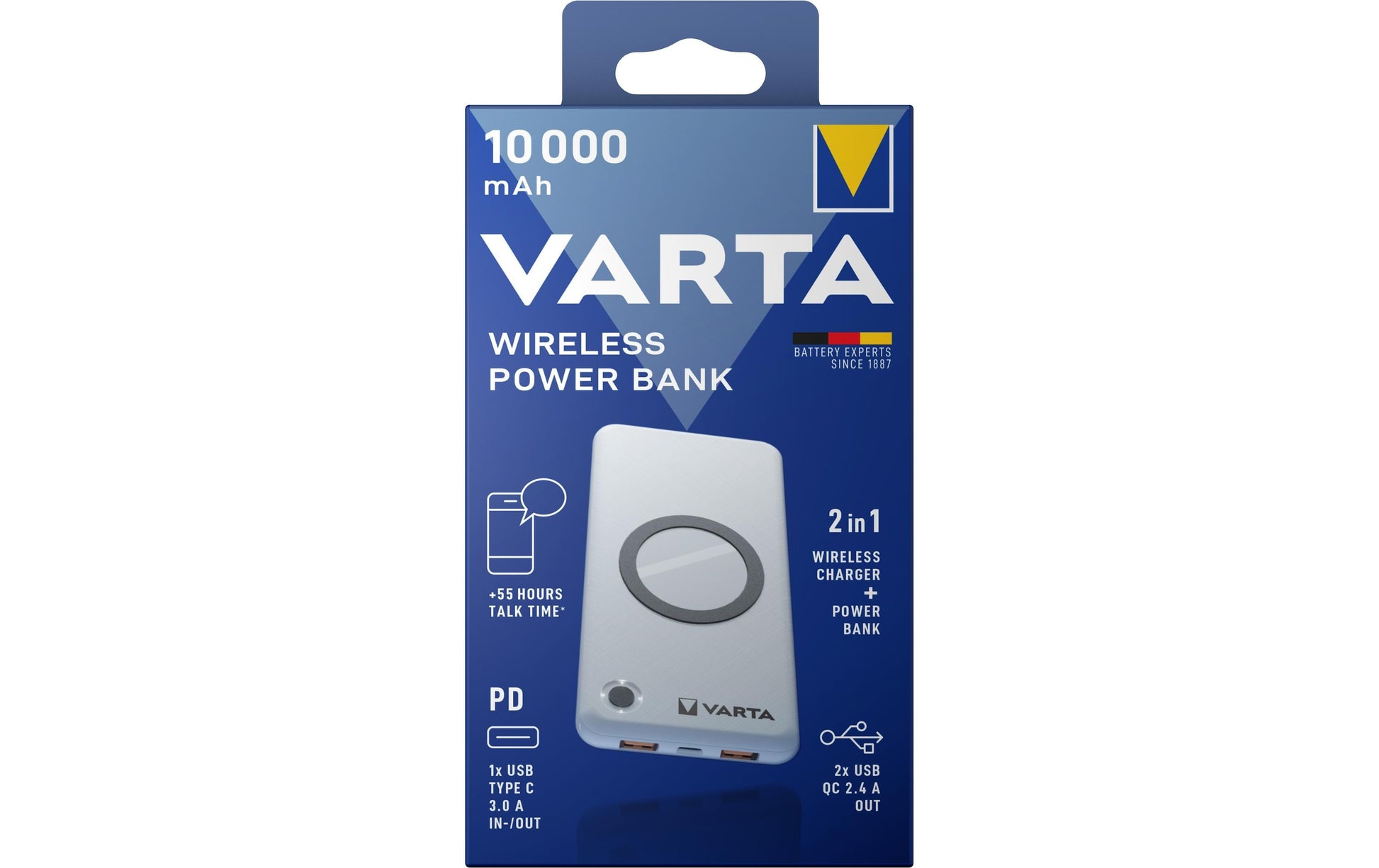 Varta Wireless Powerbank 10'000 mAh – 18 W PD, Wireless 10 W, 2× USB-C, 2× USB-A, Weiss