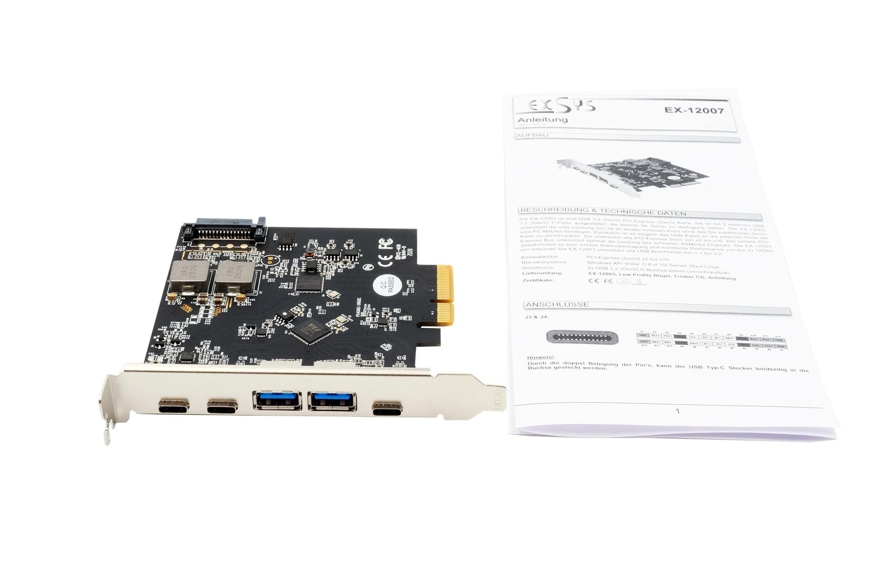 EXSYS PCIe USB-Adapterkarte – 2x USB-A Buchsen, 3x USB-C Buchsen – USB 3.2 Gen 2 (10 Gbit/s) – PCIe Gen3x4