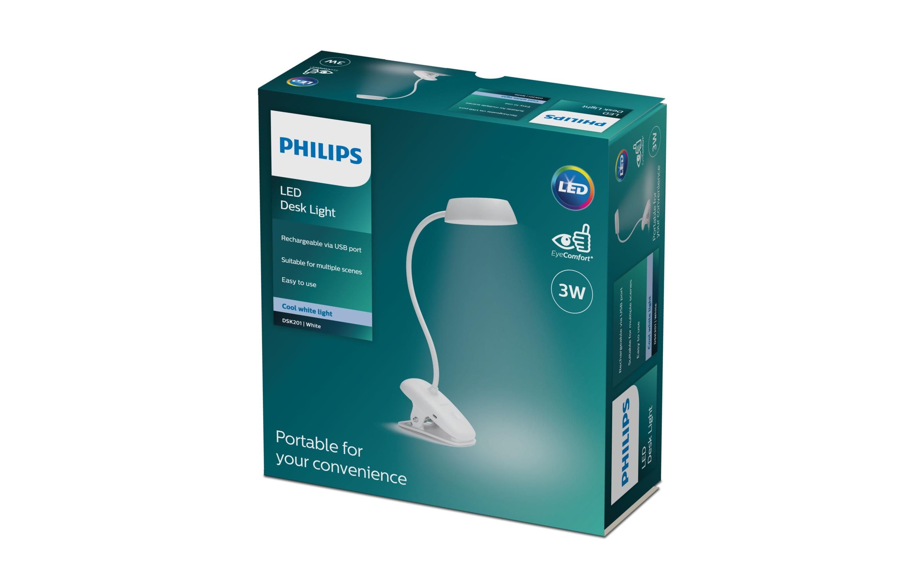 Philips by Signify Philips Tischleuchte Donutclip – 30 × 20 × 9,9 cm, 175 lm, 3 W, 4000 K, dimmbar, weiss, USB