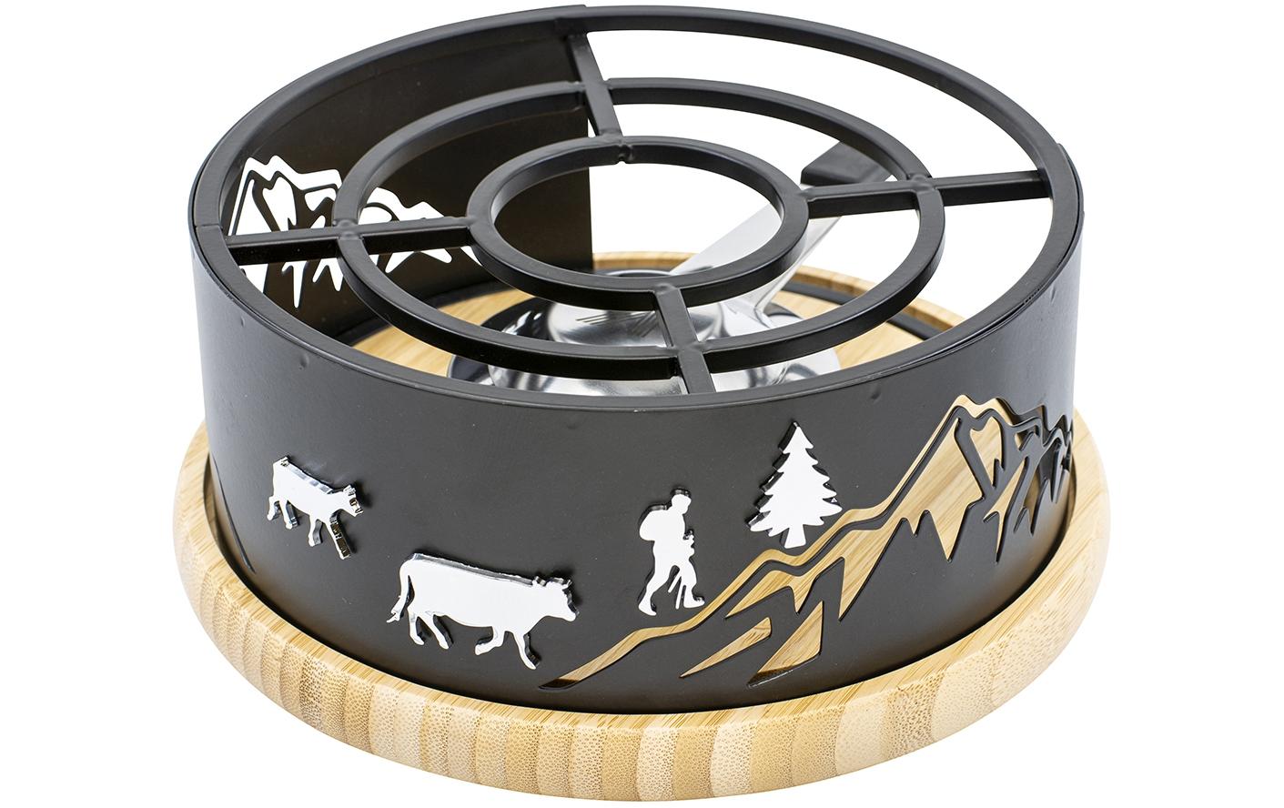 Kadastar 100243 – Rechaud, Ø 22 × 10 cm, Edelstahl/Bambus, Schwarz/Bambus, mit Pastenbrenner