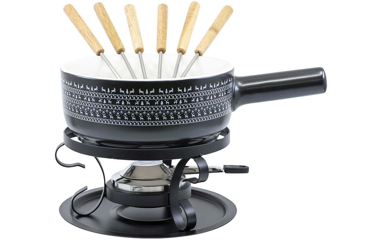 Kadastar Fondue-Set – Ø 22 cm, Steingut/Holz, für Käsefondue, Glaskeramik, Schwarz, 6 Personen, 9 Teile