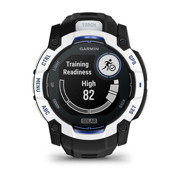 Garmin Instinct 3 50 mm GPS – faserverstärkter Kunststoff Weiss, Sportarmband, Dunkelblau, 100 m, für iPhone