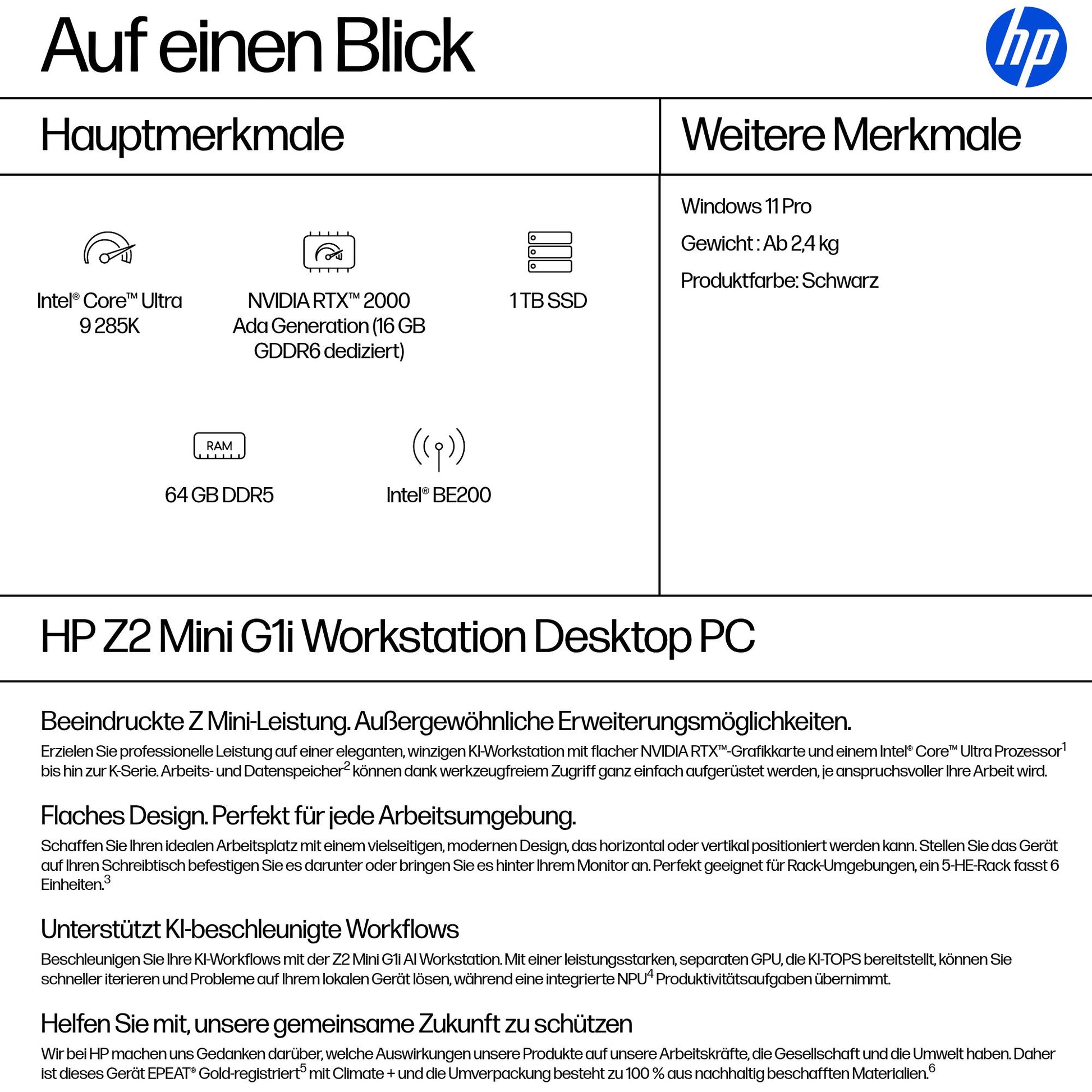 HP Micro – Intel Core Ultra 9 285K, 64 GB RAM, 1 TB SSD, NVIDIA RTX 2000 Ada 16 GB, Windows 11 Pro