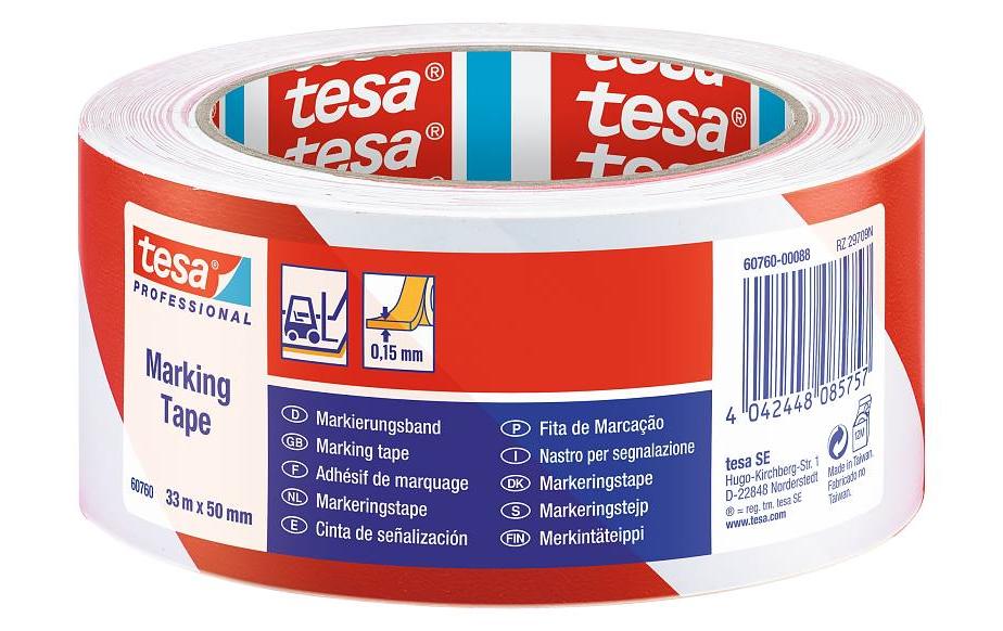 TESA Warnband, PVC, Rot/Weiss, UV-beständig – 50 mm × 33 m – 1 Stück