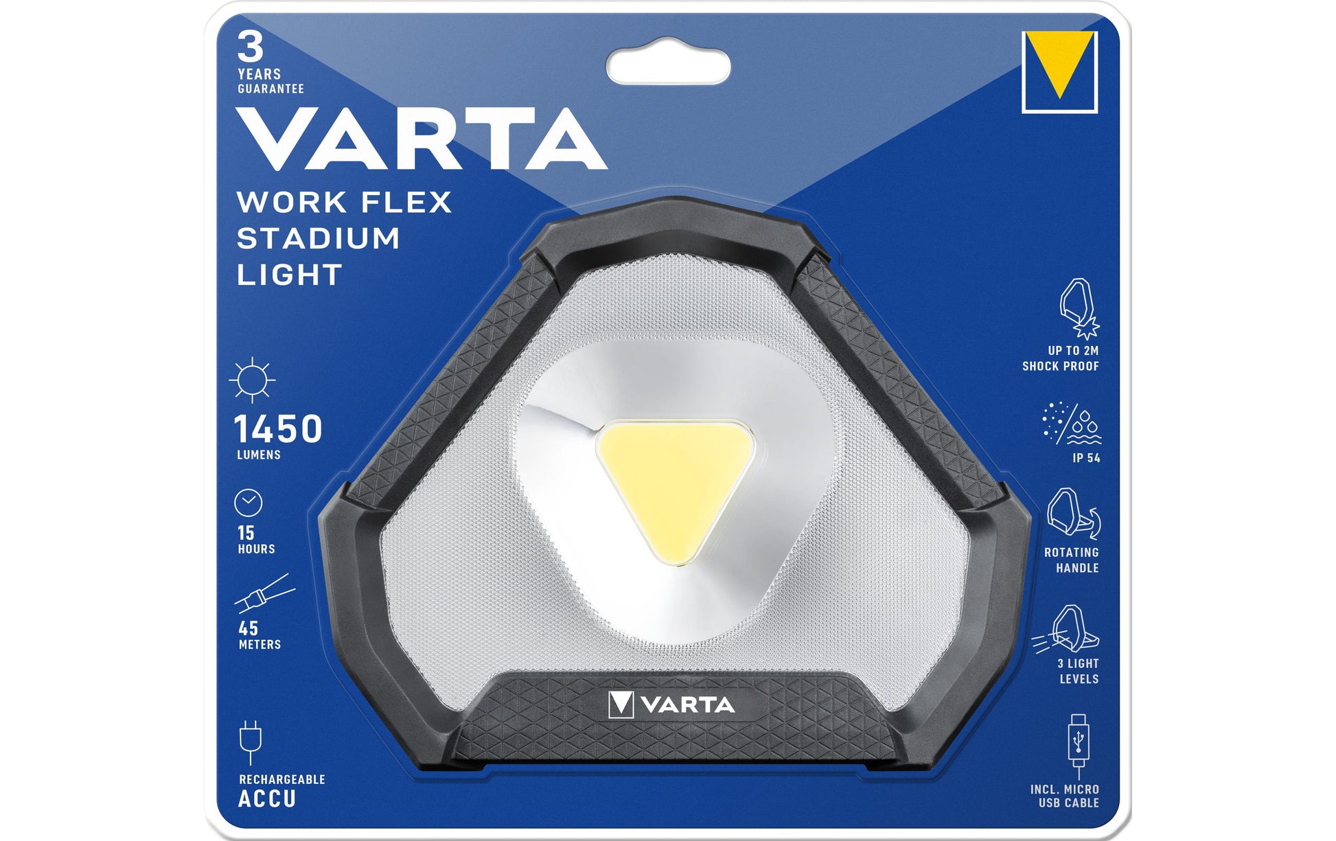 Varta Arbeitsleuchte Work Flex – 1450 lm, 18,7 W, Neutralweiss, dimmbar, IP54, schwarz, Akku, USB