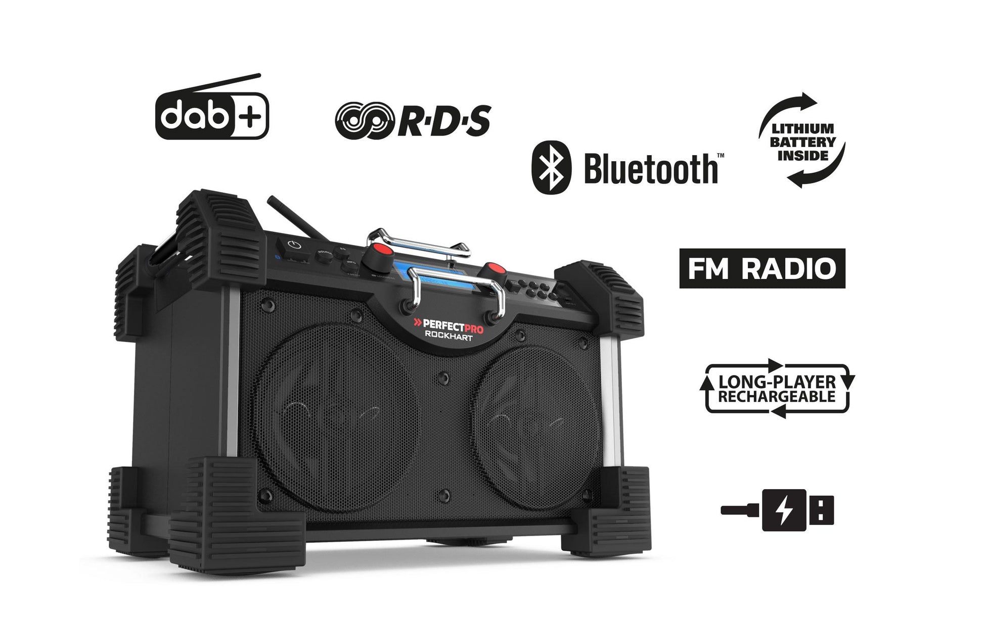 Perfectpro Rockhart RH4 – Baustellenradio – DAB+, UKW, Internetradio, Bluetooth, IP44, Akkubetrieb – Schwarz