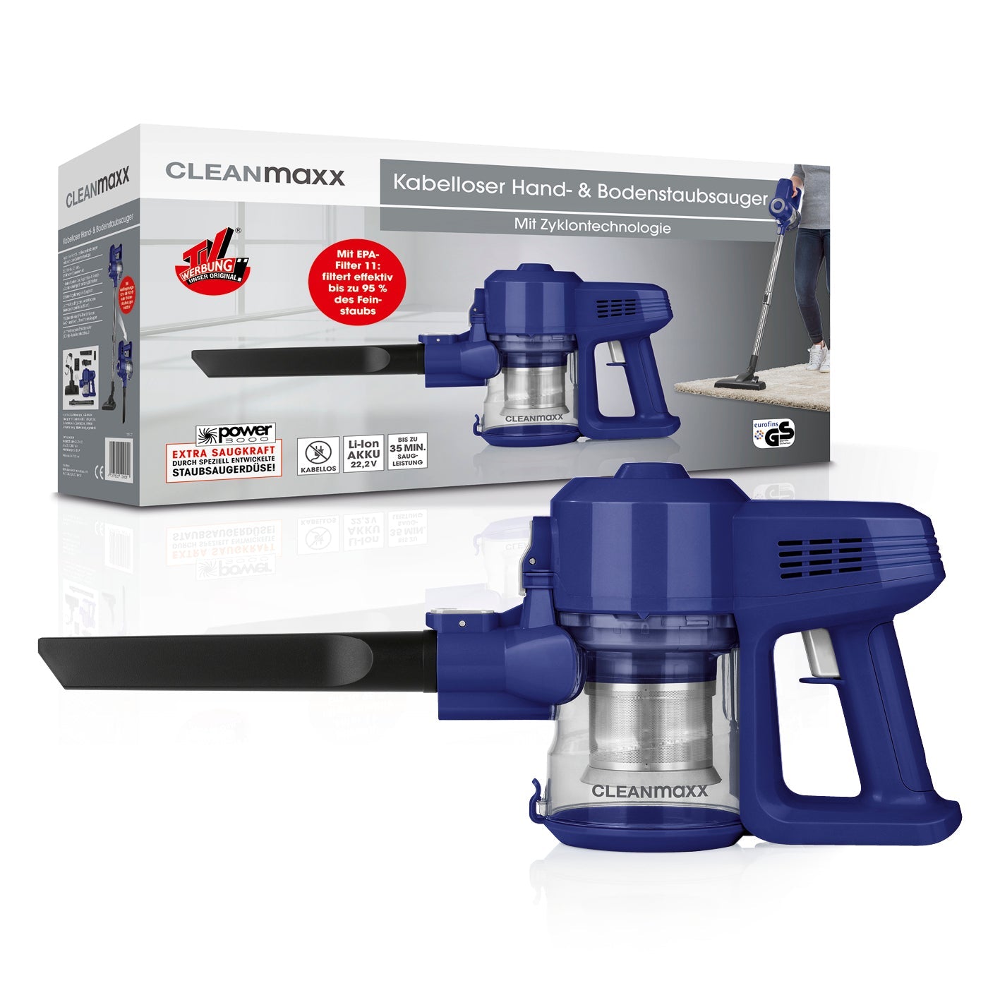 CLEANmaxx Akku-Zyklon-Staubsauger – 35 Min Laufzeit, Blau, Grau