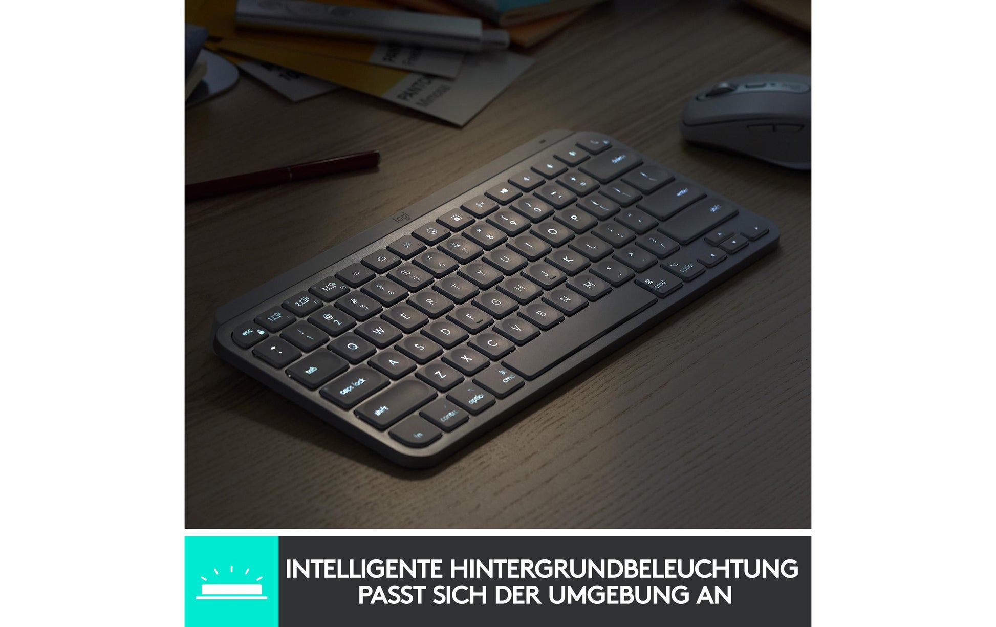 Logitech MX Keys Mini – Tastatur, kabellos (Bluetooth), CH-Layout (DE-CH), beleuchtet, Grau