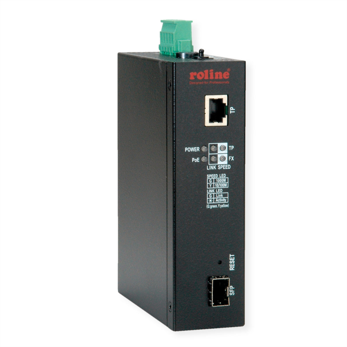 ROLINE Medienkonverter – Gigabit, 1× RJ‑45, 1× SFP (1000Base‑SX, Multi‑Mode, 500 m), PoE (802.3af/at/bt)
