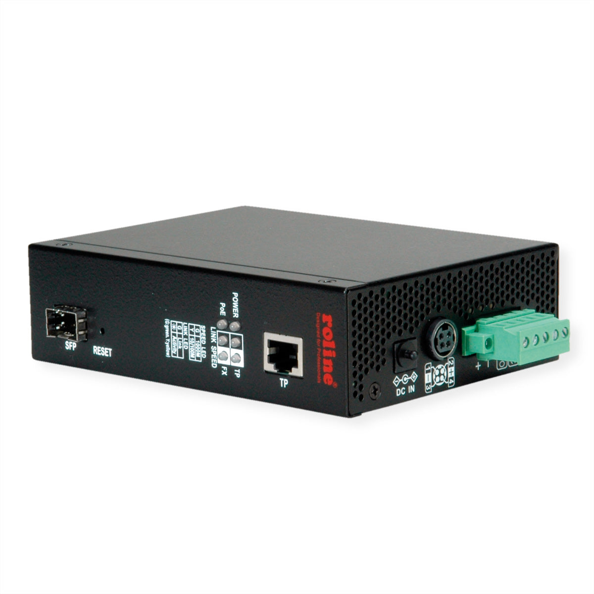 ROLINE Medienkonverter – Gigabit, 1× RJ‑45, 1× SFP (1000Base‑SX, Multi‑Mode, 500 m), PoE (802.3af/at/bt)