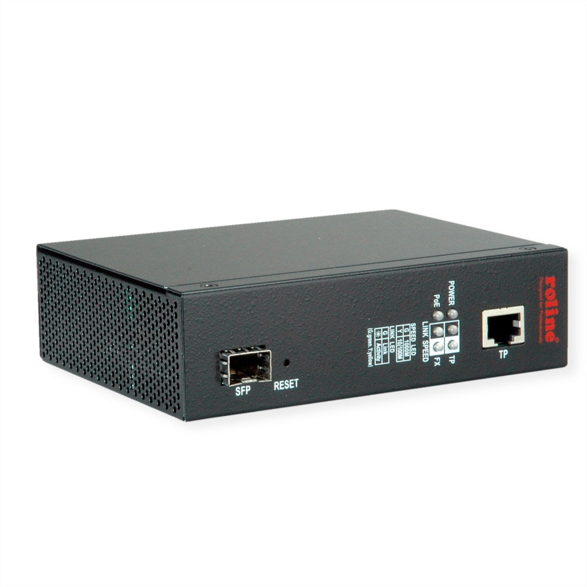 ROLINE Medienkonverter – Gigabit, 1× RJ‑45, 1× SFP (1000Base‑SX, Multi‑Mode, 500 m), PoE (802.3af/at/bt)