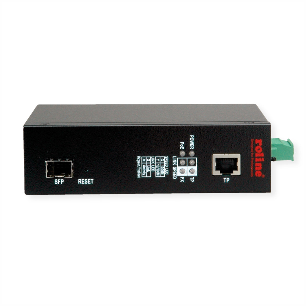 ROLINE Medienkonverter – Gigabit, 1× RJ‑45, 1× SFP (1000Base‑SX, Multi‑Mode, 500 m), PoE (802.3af/at/bt)