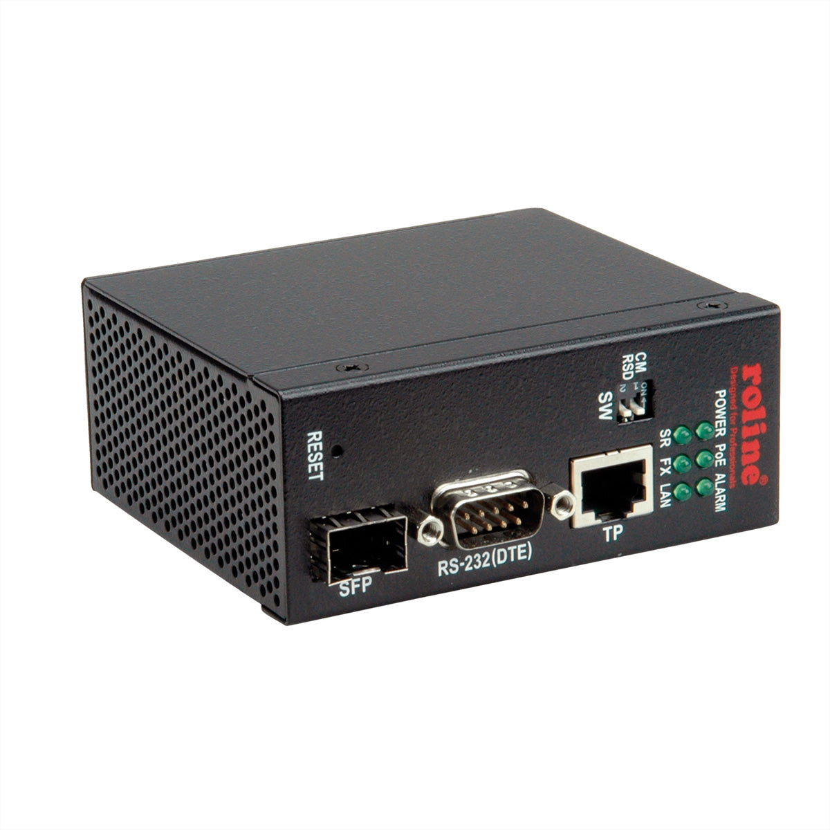 ROLINE Medienkonverter RJ-45/SFP zu RS-232 – 100 Mbit/s, Multimode SFP 2 km, PoE, DIN-Hutschiene, Schwarz