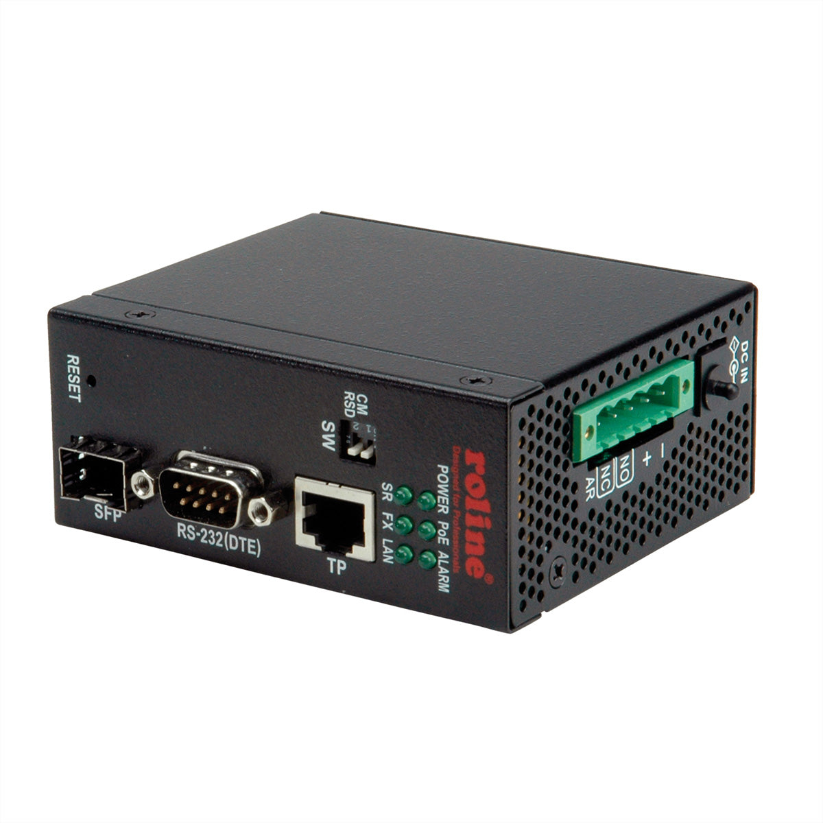 ROLINE Medienkonverter RJ-45/SFP zu RS-232 – 100 Mbit/s, Multimode SFP 2 km, PoE, DIN-Hutschiene, Schwarz