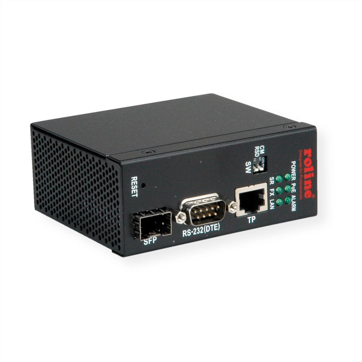 ROLINE Medienkonverter RJ-45/SFP zu RS-232 – 100 Mbit/s, Multimode SFP 2 km, PoE, DIN-Hutschiene, Schwarz